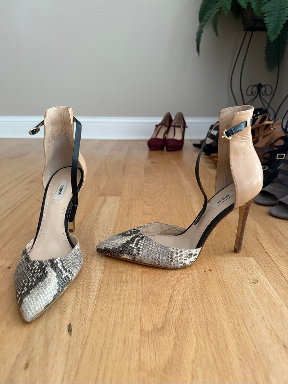 Guess Snakeskin Pointed Toe Pumps with Nude Ankle Cuff